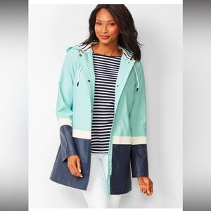 Talbots Colorblock Light Blue Navy and White Hooded Raincoat Size XS Petite